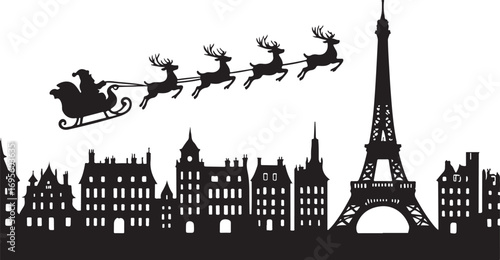 Black silhouette of Santa Claus in a sleigh pulled by reindeer flying over Paris skyline with Eiffel Tower