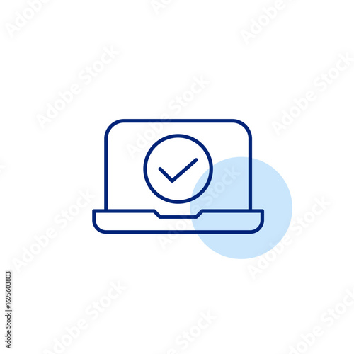 Laptop and checkmark. Verified device, system updated. User account identification passed. Pixel perfect, editable stroke vector icon