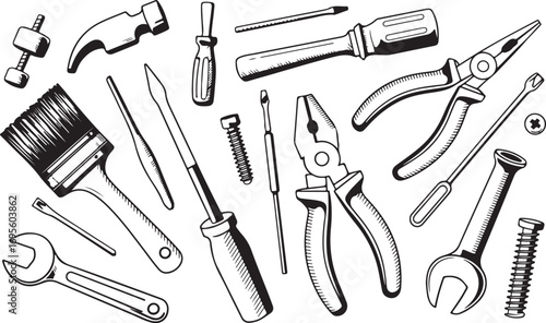Detailed Engraving Style Illustration of Various Hand Tools on a Transparent Backdrop