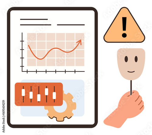 Chart with upward trend line, settings panel, gear, warning sign, hand holding smile mask. Ideal for analytics, optimization, behavior warning decision-making emotions management. Simple flat