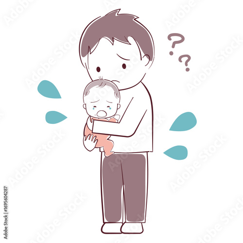 泣いている赤ちゃんを抱えて困るお父さん
