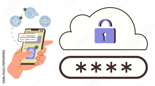 Hand holding smartphone entering passcode with cloud lock and password input field. Ideal for cybersecurity, privacy, technology, data protection, cloud services, authentication, internet security