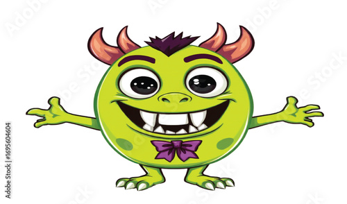Happy 3d green monster cartoon characters with funny teeth and a happy alien creature are illustrated as a devilish bug with a virus-like bacterium in a scary computer illustration