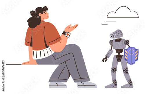 Woman seated, gesturing while engaging with humanoid robot carrying a shield amidst a minimalistic background. Ideal for technology, AI, innovation, collaboration, robotics, future trends