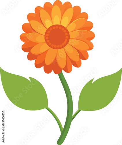Vibrant Orange Flower with Green Leaves and Stem
