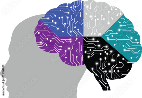 Conceptual illustration of an artificial intelligence brain with circuit board pathways and digital processing nodes