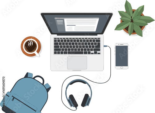 Top view of a modern workspace with a laptop, smartphone, headphones, and coffee. Flat lay vector illustration of a desk setup for remote work or study