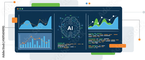 Futuristic dashboard interface with glowing AI brain for data analysis and business intelligence visualization