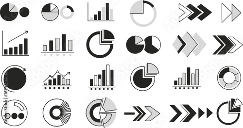 A versatile collection of monochrome infographic elements featuring various charts, graphs, and arrows for data visualization and business reports