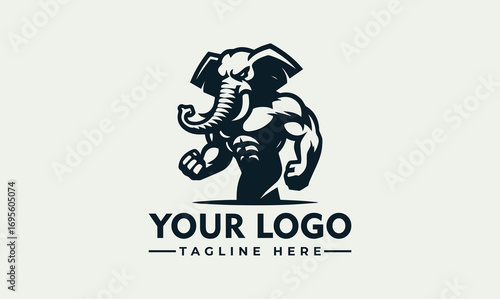 Powerful muscular elephant logo design, strong, fierce, mascot, fitness, emblem.