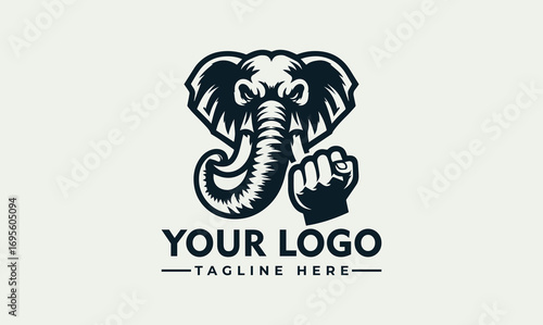 Graphic logo design featuring an elephant head with a clenched fist, suitable for branding.