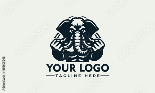 Graphic logo featuring a muscular elephant with fists clenched, set against a geometric background.