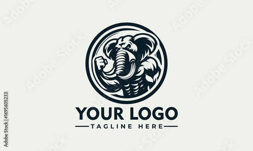 A muscular elephant logo design, showcasing strength and power within a dark circle.