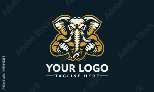 A stylized illustration of a muscular elephant mascot, ready for action, with text.