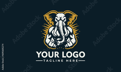 A stylized logo featuring a muscular elephant, holding weights, with a place for a company name and tagline.