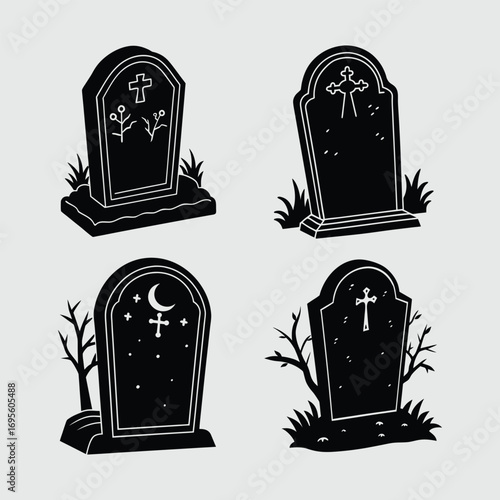 Haunted tombstone silhouette pack with multiple gravestone designs, perfect for party invitations, posters, mugs, and DIY Halloween crafts.