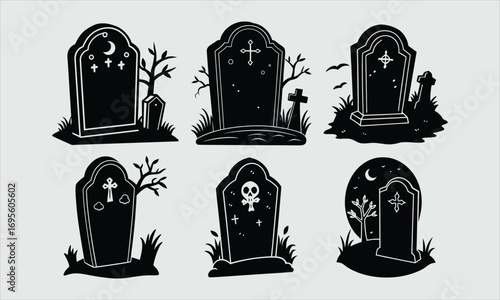 Creepy gravestone vector set for Halloween, including RIP headstones, spooky grave art, and eerie cemetery designs, perfect for festive artwork.