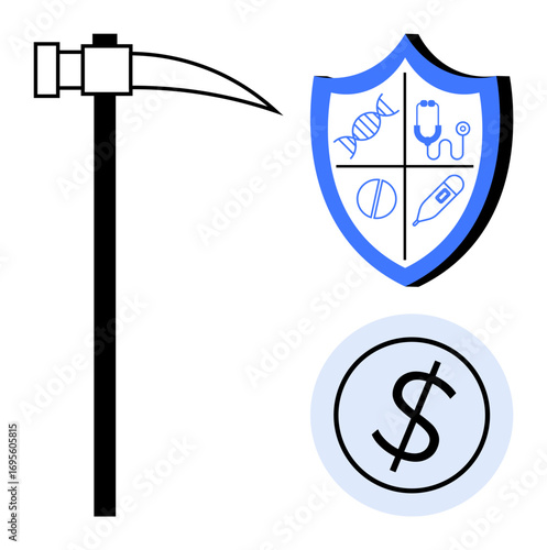 Scythe, shield with medical icons, and dollar sign circle highlight themes of mortality, health, and finance. Ideal for insurance, healthcare, economy, investment medicine mortality balance