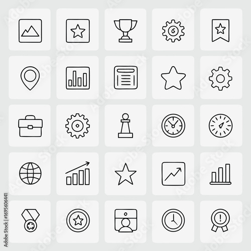 Collection of 25 simple line icons representing business and achievement concepts finance