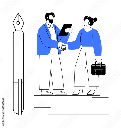Two people shake hands, symbolizing partnership, teamwork, or business agreement. One holds a briefcase, the other a document. Pen emphasizes formality, professionalism. Ideal for collaboration