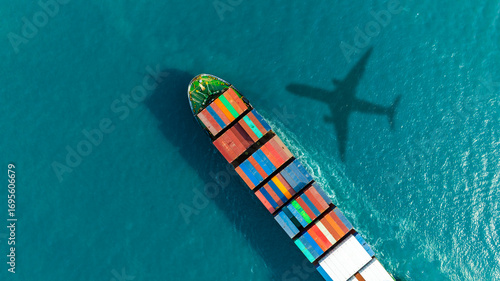 Aerial view of the freight shipping transport system cargo ship container. international transportation Export-import business, logistics, transportation industry concepts	
