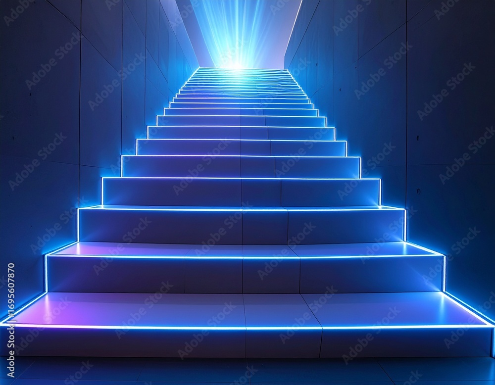 Fototapeta premium A futuristic staircase illuminated by vibrant blue and purple neon lights, leading upwards towards a bright, glowing light source.