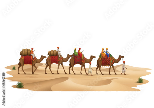 A traditional Rajasthani desert caravan of camels and travelers journeying across sun-drenched golden sand dunes, rendered as a realistic 2D vector illustration on a clean white background.