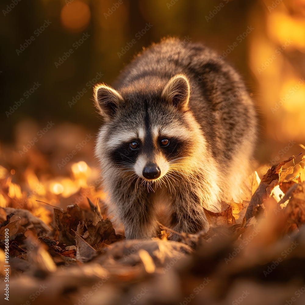 Fototapeta premium Bushy-tailed raccoon exploring autumn leaves