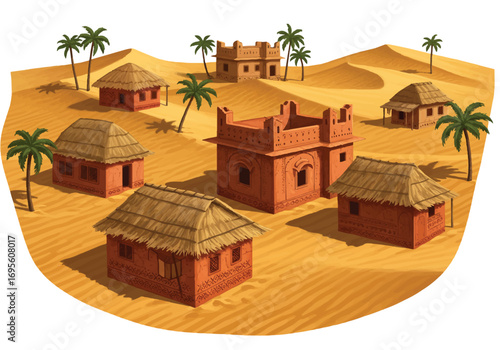Rajasthani desert village huts are depicted in a realistic 2D vector illustration, showcasing traditional Indian architecture against a pristine white background.