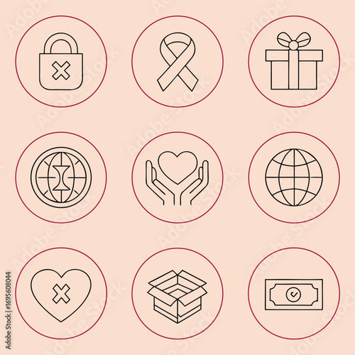 Collection of nine circular icons with charity and donation themes on a light pink background giving