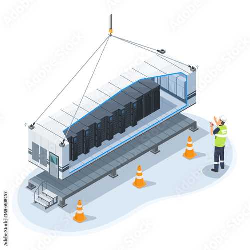 Professional engineer supervising installation of mobile POD edge data center with modular server racks and secure infrastructure setup