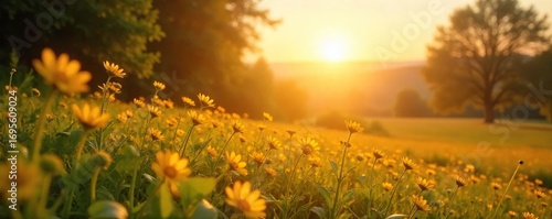 Serene landscape bathed in golden sunlight, evoking a feeling of effortless joy and contentment Perfect for concepts of peace, tranquility, and well-being , relaxation, sky