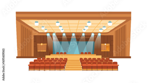 Explore the auditorium stage with seating and lighting for events and presentations venue design concept