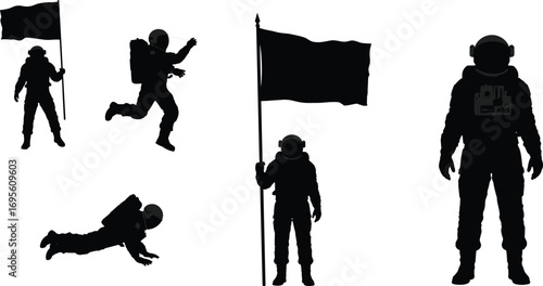 Astronaut silhouette, space exploration, cosmic adventure, moon landing, astronaut with flag, space travel illustration, galaxy exploration, astronaut suit design