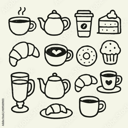 Illustration featuring coffee, cups, croissants, teapots, and desserts in a whimsical hand-drawn style, perfect for menus, decor, and food-themed designs.