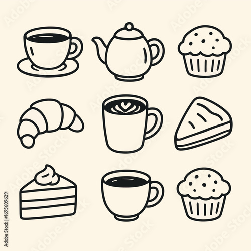 Whimsical hand-drawn set of coffee cups, teapots, and iconic pastries like muffins, cakes, and croissants—ideal for cafe decor, menu design, packaging, and food illustration projects.