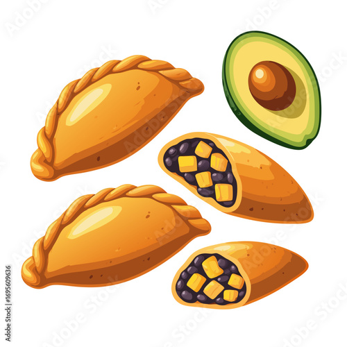 vector illustration of empanadas and avocado on white background for food icon or clipart