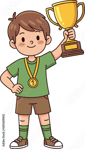 Smiling boy holding golden trophy and medal, celebrating first place victory, achievement and success concept, flat cartoon vector illustration for sports and competition