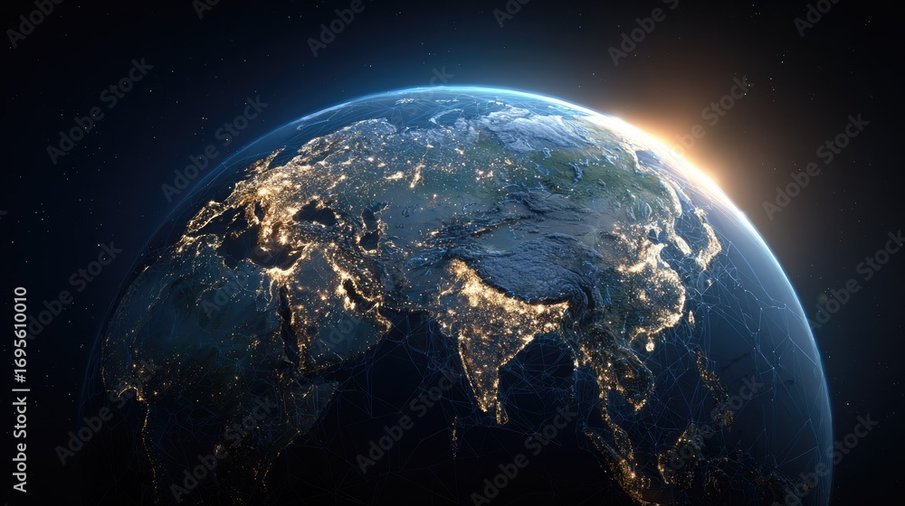 Obraz premium Earth from space, highlighting Asian continent. Night-time view with city lights visible. Planet's surface details and continents. Sunrise or sunset glow on horizon