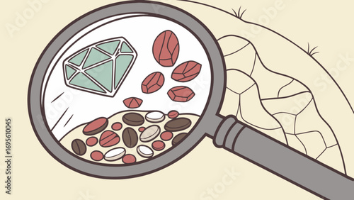 Magnifying glass showing diamond gems and various stones for jewelry making and gemology study focus