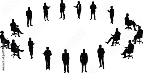 Business meeting silhouettes, people in discussion, teamwork collaboration, office staff in circle, corporate brainstorming, professional group communication, management strategy planning