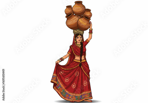 A graceful Rajasthani woman skillfully balances a stack of colorful traditional clay pots on her head, depicted as a realistic 2D vector illustration on a clean white background.