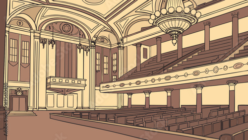 Vintage theater interior illustration with balcony seating and ornate chandelier design, perfect for performance