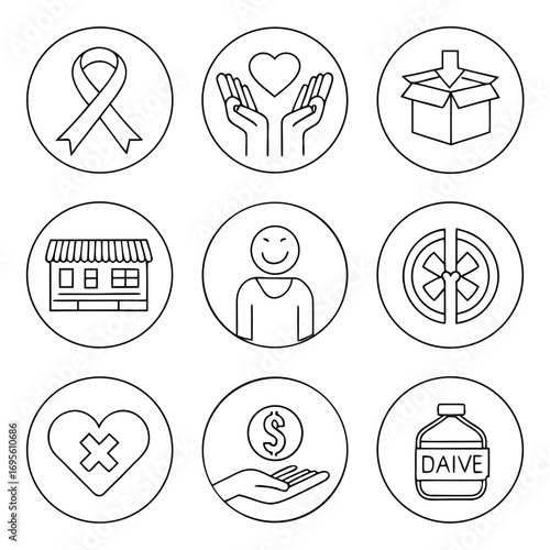 Set of nine outline icons representing charity and donation concepts in circles giving help