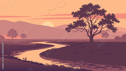Beautiful sunset landscape vector art with river and trees for graphic design and background illustration one hundred