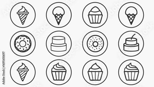 Twelve Circular Icons Featuring Various Desserts In Black Outline ice cream cone cupcake