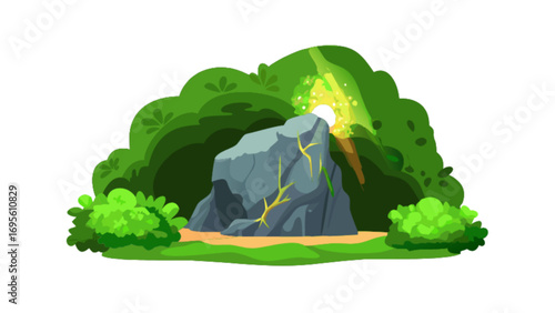 Cartoon rock formation with glowing light effect surrounded by green bushes and grass landscape vector art