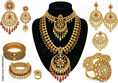 Intricate traditional Rajasthani jewelry, meticulously depicted as a realistic 2D vector illustration, stands out vibrantly on a clean white background.