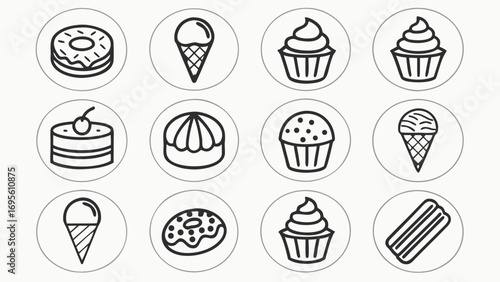 Twelve Circular Icons Of Desserts Including Ice Cream And Cakes donut ice cream cone