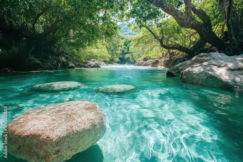 Crystal clear river flows through a lush green forest landscape, rocks visible. Use this for travel, nature, relaxation, or eco-tourism advertising.